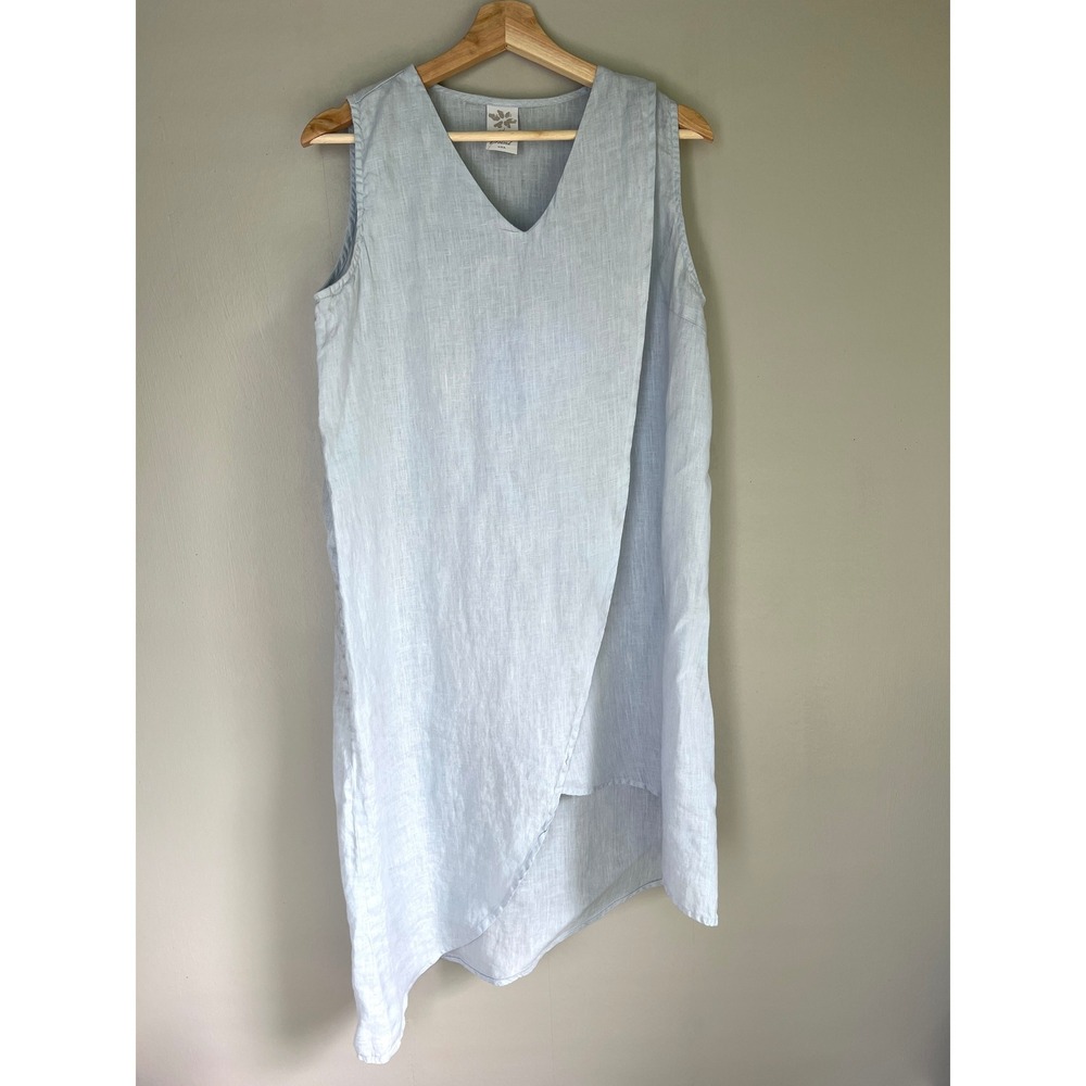 Match Point Linen Dress Sleeveless V-Neck Lagenlook USA‎ Made Size S Light Blue